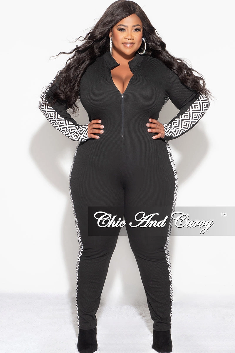 Final Sale Plus Size Knit Rib Zip Up Jumpsuit in Black with White and Black Design Print RipstopFabric Casual Active