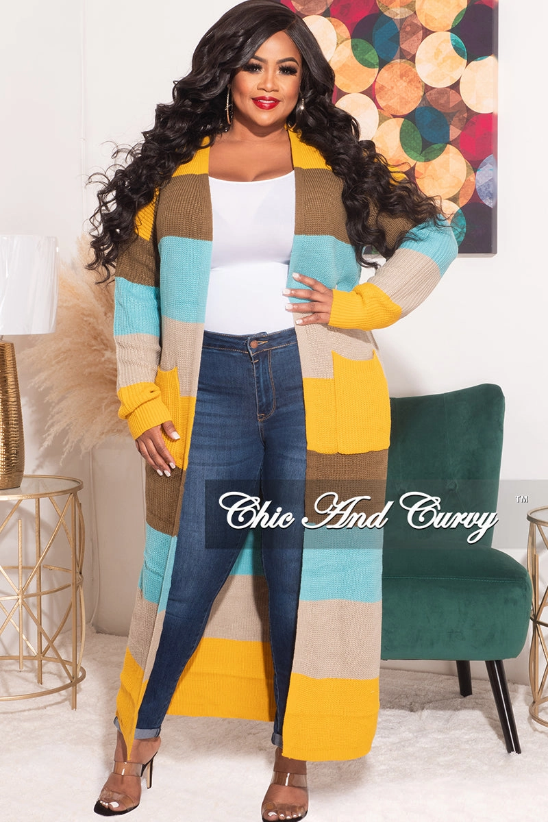 Tangle Free Cuffs Pocket Reinforcement Final Sale Plus Size Knit Sweater Duster Aqua, Brown, Mustard, & Tan