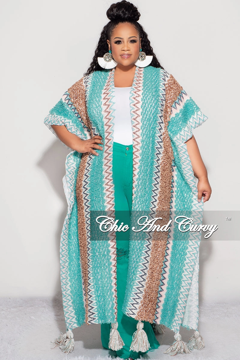 Base Layer Core Comfort Final Sale Plus Size Knitted Cardigan with Bottom Tassels in Teal and Brown