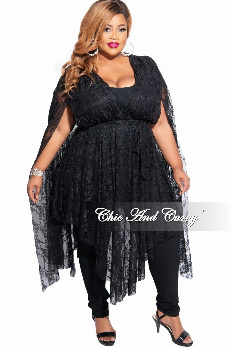 Final Sale Plus Size Lace Split Bell Sleeve Top in Black Comfortable Cut Metallic accents