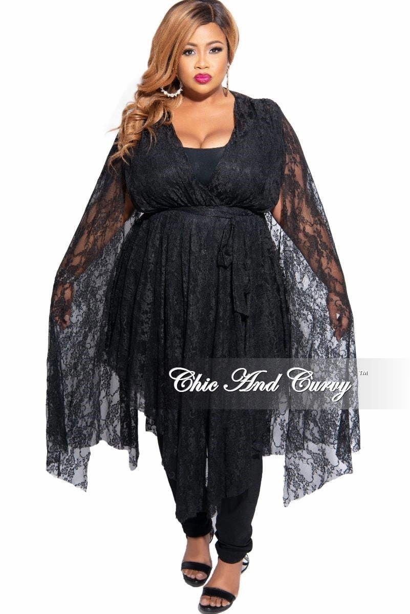 Final Sale Plus Size Lace Split Bell Sleeve Top in Black Flat Lock Stitching