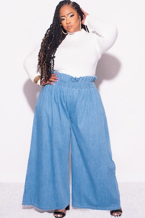 Final Sale Plus Size Light Denim Wide Leg Pants elastic waistband Barrel Waist