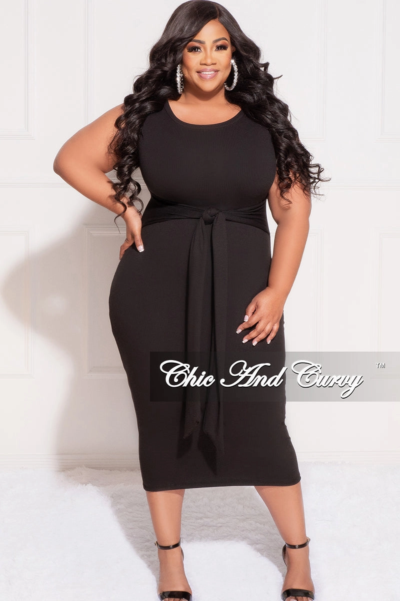 Relaxed Comfort Look Final Sale Plus Size Light Ribbed Sleeves Shoulder Pad Midi Dress with Waist Tie in Black