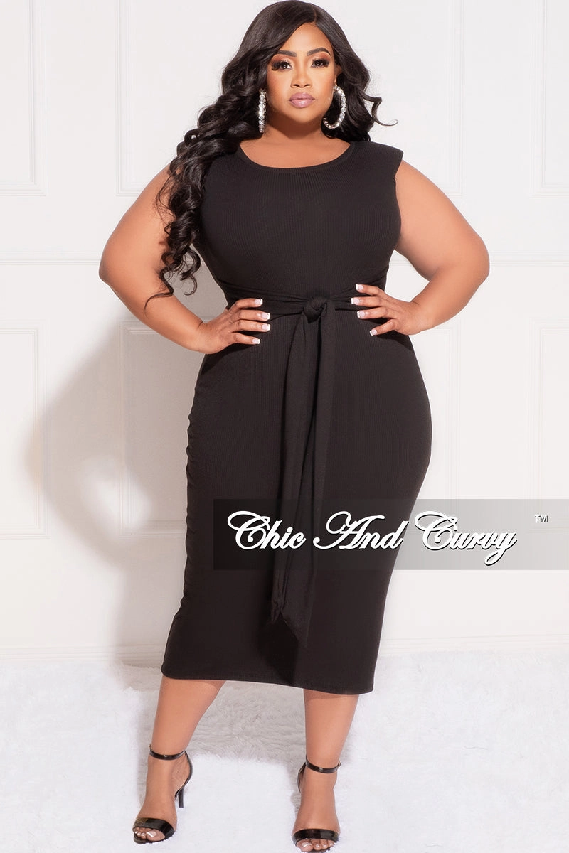 Final Sale Plus Size Light Ribbed Sleeves Shoulder Pad Midi Dress with Waist Tie in Black Chilly Wear
