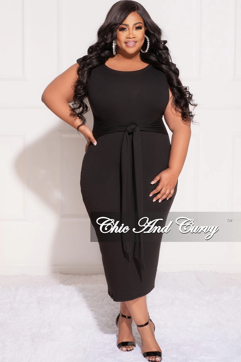 Urban appeal Modular Attachment Final Sale Plus Size Light Ribbed Sleeves Shoulder Pad Midi Dress with Waist Tie in Black