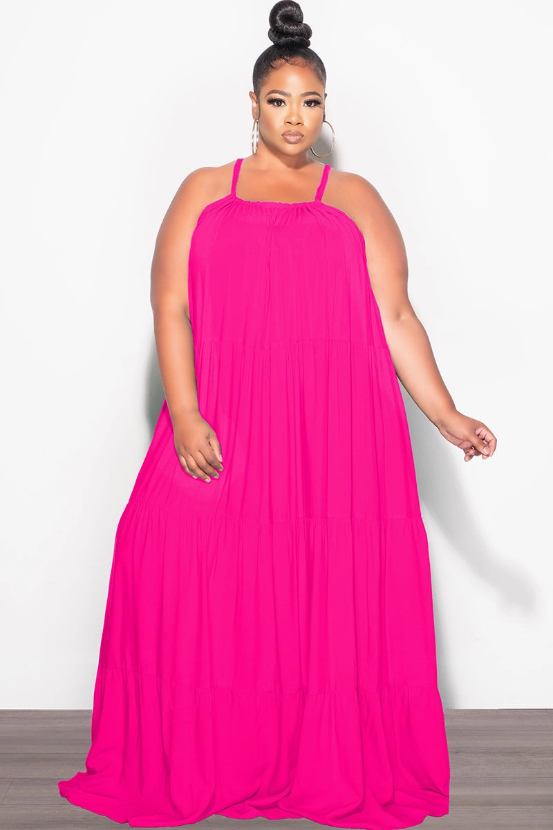 Final Sale Plus Size Long Halter Dress with Back Tie in Hot Pink Perfect Layer