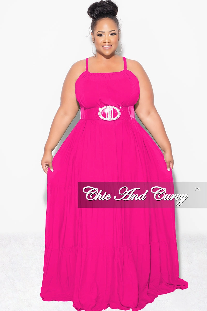 Final Sale Plus Size Long Halter Dress with Back Tie in Hot Pink Secure Cuff Design Structured Hemline
