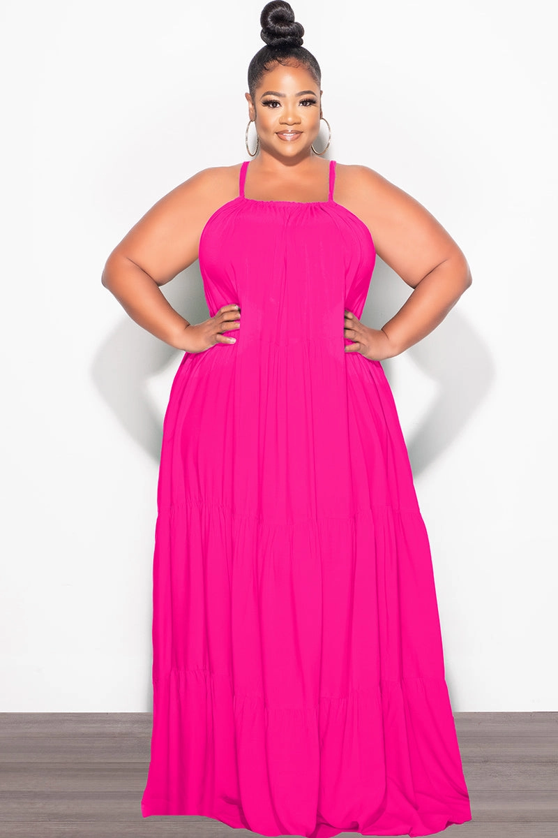 Final Sale Plus Size Long Halter Dress with Back Tie in Hot Pink Feminine Fit