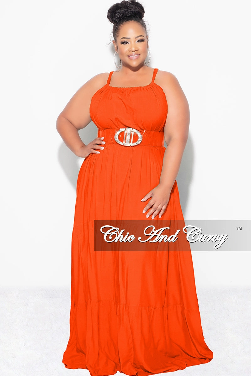 Final Sale Plus Size Long Halter Dress with Back Tie in Orange No Ride Up Design