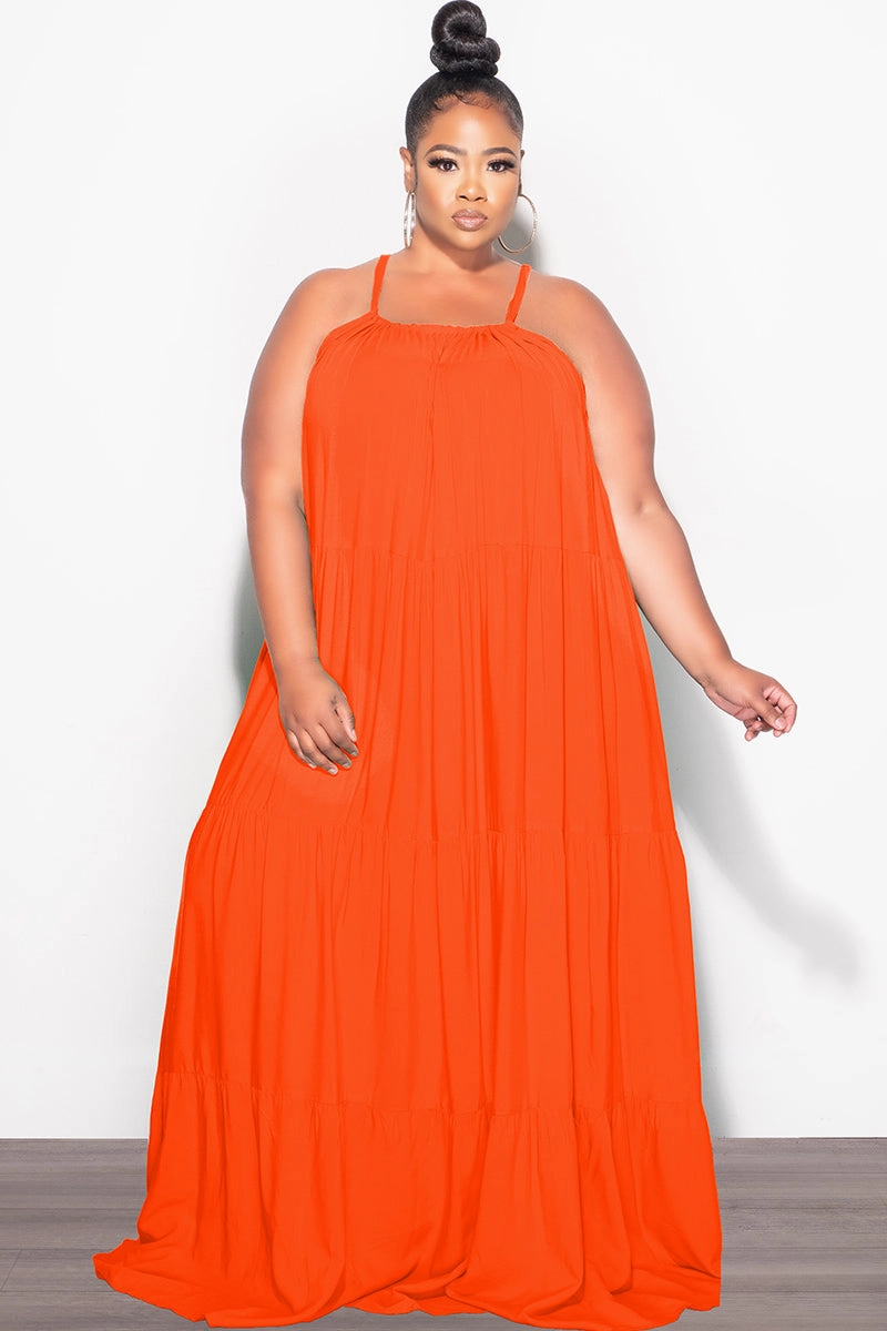 Minimalist Waist Final Sale Plus Size Long Halter Dress with Back Tie in Orange