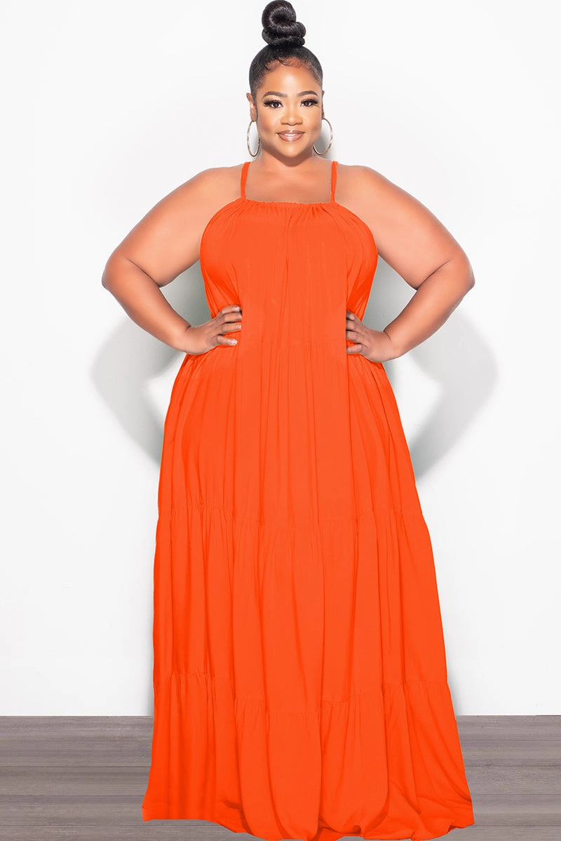 Boho chic Minimal Stretch Fit Final Sale Plus Size Long Halter Dress with Back Tie in Orange