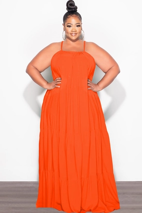 Boho chic Minimal Stretch Fit Final Sale Plus Size Long Halter Dress with Back Tie in Orange