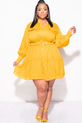 Neutral Shade Base Layer Final Sale Plus Size Long Sleeve Button Up Dress in Mustard