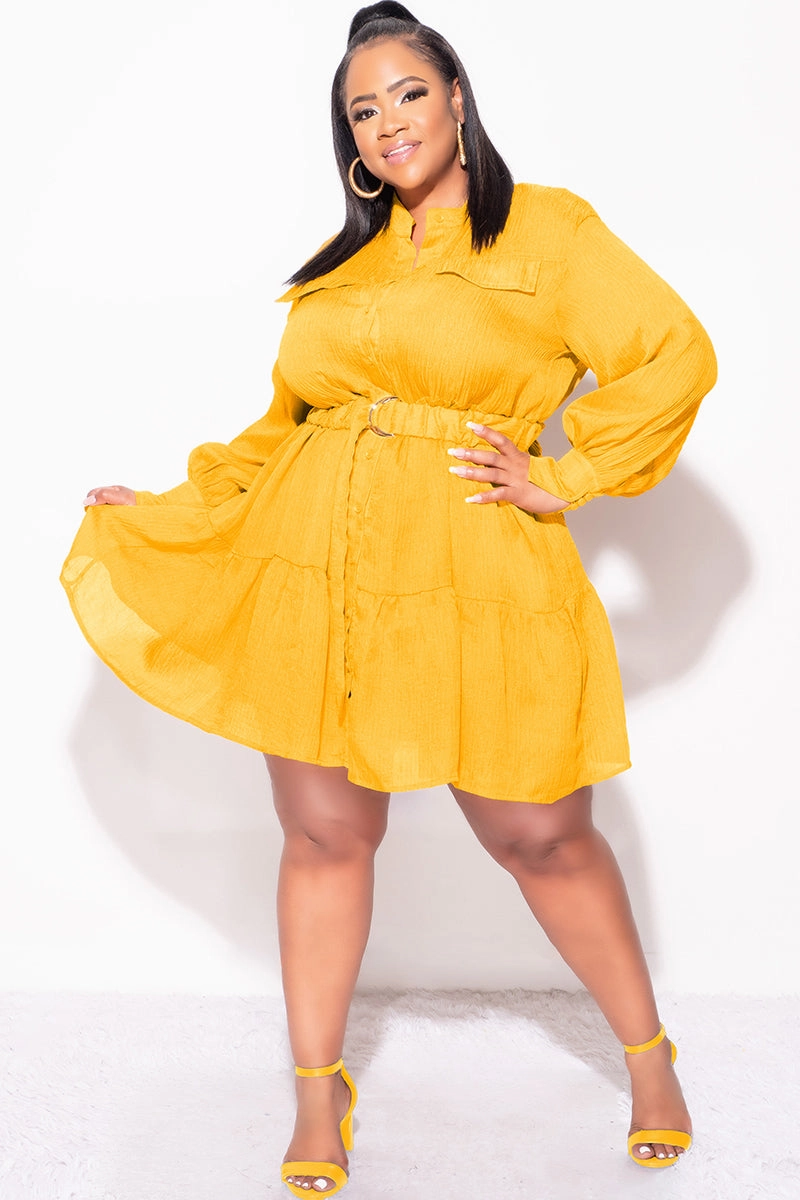 Final Sale Plus Size Long Sleeve Button Up Dress in Mustard Stable Shape DoubleLayeredKnees