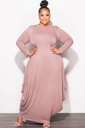 ComfortWaistband Final Sale Plus Size Long Sleeve Casual Loose Pocket Dress in Mocha