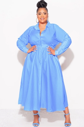 Ripstop Texture Breathable Wearable Final Sale Plus Size Long Sleeve Collar Button Up Dress in Blue