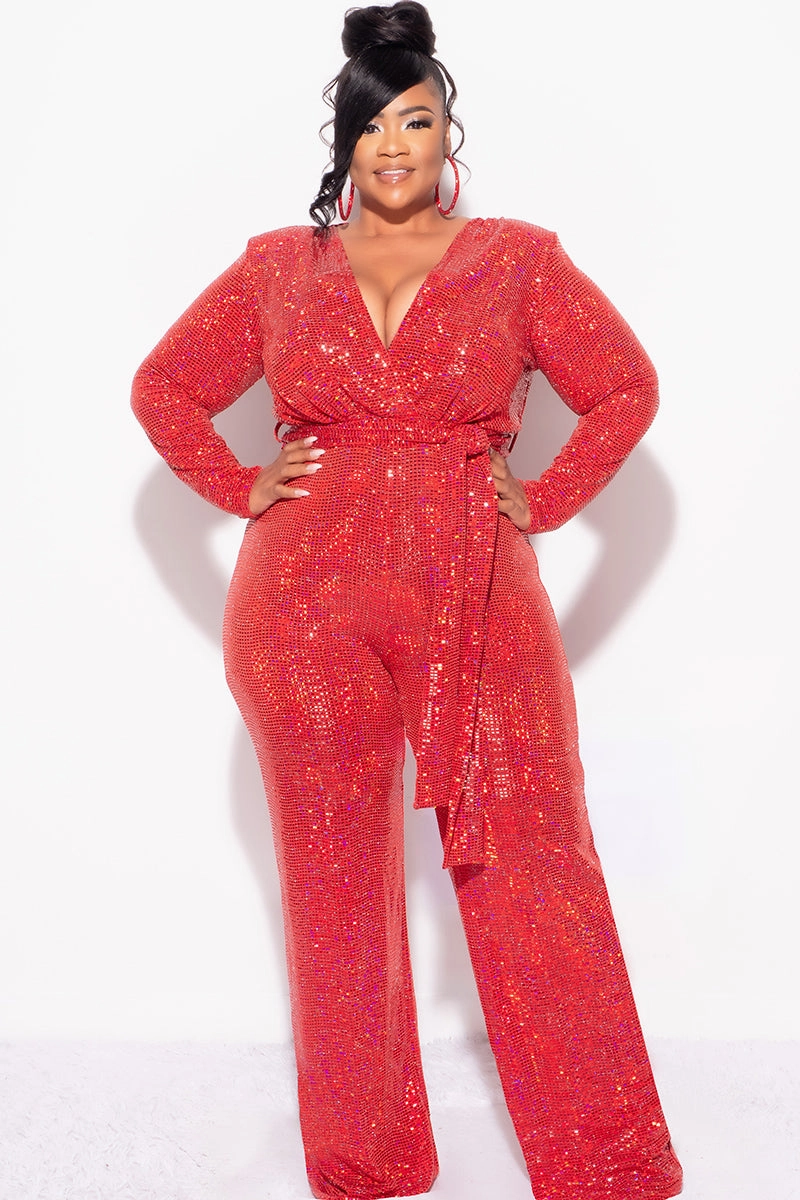Final Sale Plus Size Long Sleeve Faux Sequin Wrap Jumpsuit with Attached Tie in Red Weekend Adventure