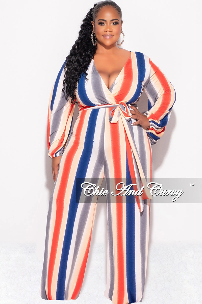 Feminine Fit DurablePolyester Final Sale Plus Size Long Sleeve Faux Wrap Jumpsuit with Attached Tie in Stripe Print
