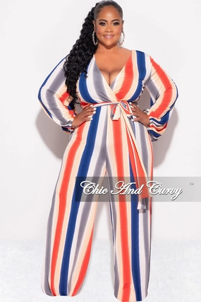 Active Utility Final Sale Plus Size Long Sleeve Faux Wrap Jumpsuit with Attached Tie in Stripe Print