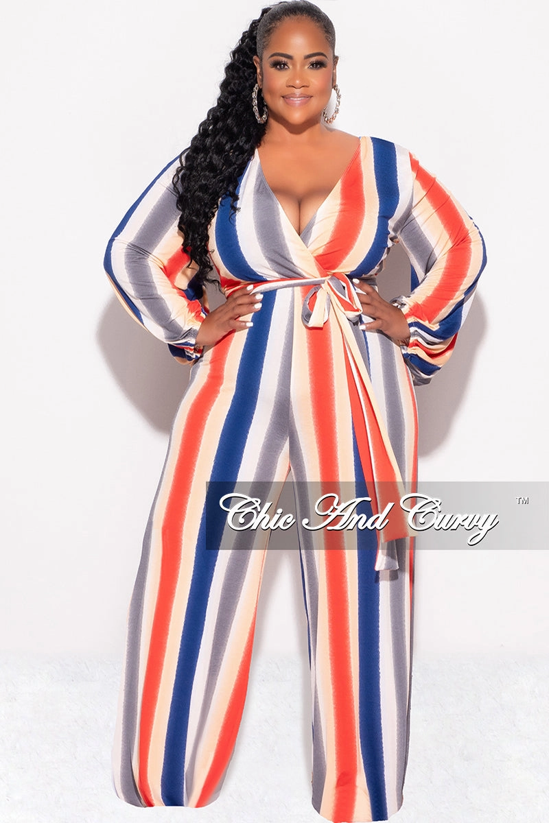 Active Utility Final Sale Plus Size Long Sleeve Faux Wrap Jumpsuit with Attached Tie in Stripe Print