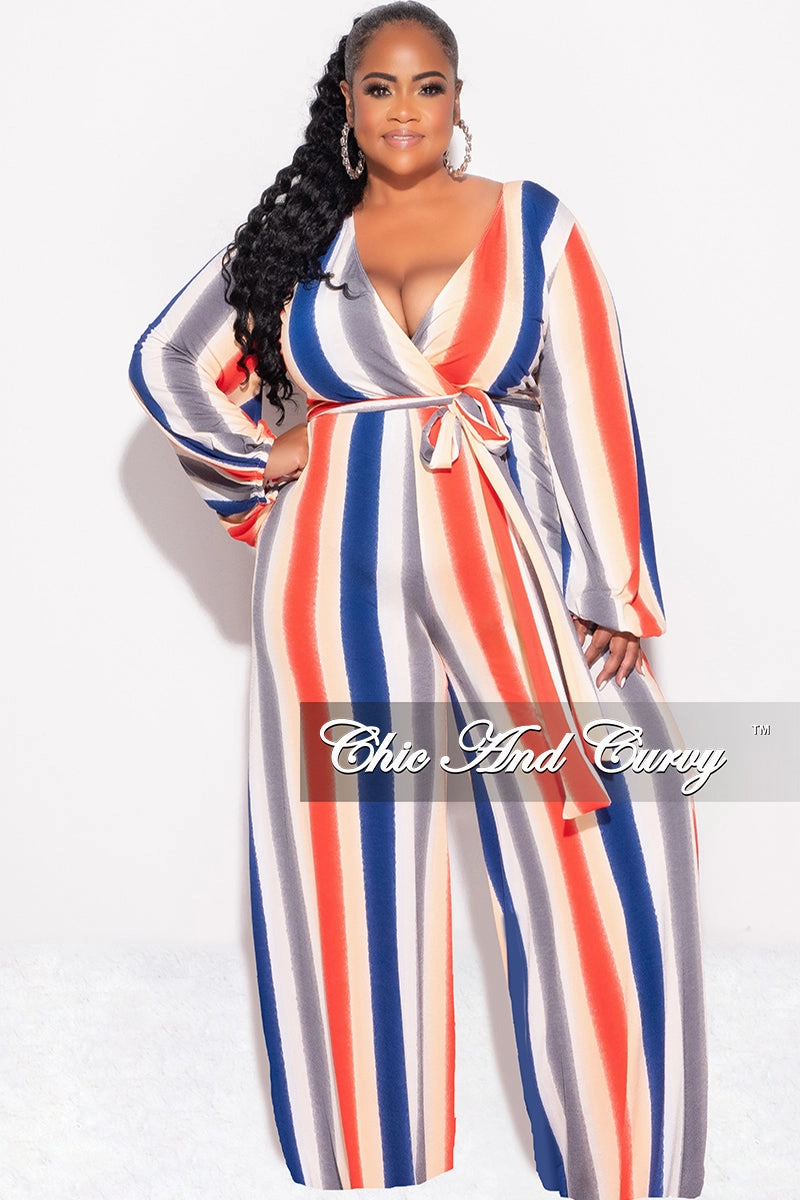 Final Sale Plus Size Long Sleeve Faux Wrap Jumpsuit with Attached Tie in Stripe Print Cozy and Soft