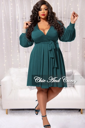 Final Sale Plus Size Long Sleeve Faux Wrap Skater Dress in Hunter Green Sporty Comfort Soft Touch Material