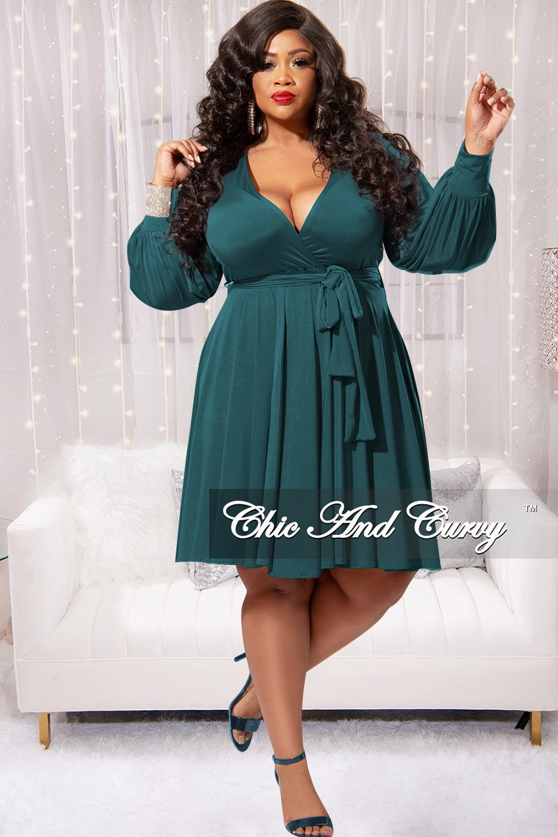 Final Sale Plus Size Long Sleeve Faux Wrap Skater Dress in Hunter Green Sporty Comfort Soft Touch Material