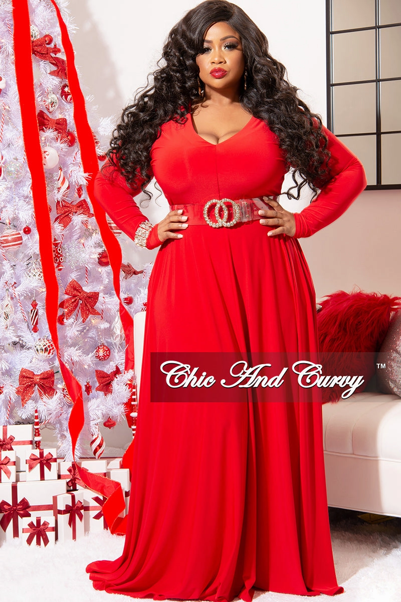 Utility Ready Chilly Day Comfort Final Sale Plus Size Long Sleeve Gown with V-Neck in Red