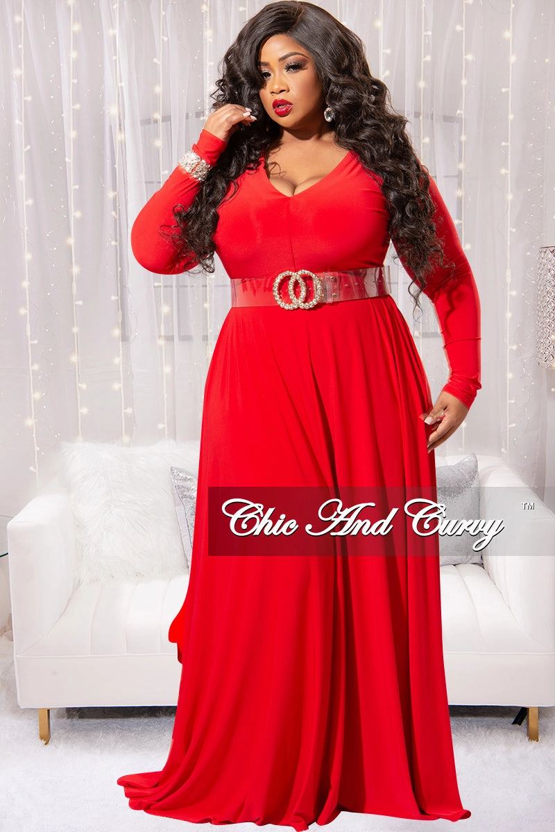 Final Sale Plus Size Long Sleeve Gown with V-Neck in Red No Ride Up Design Comfort Control