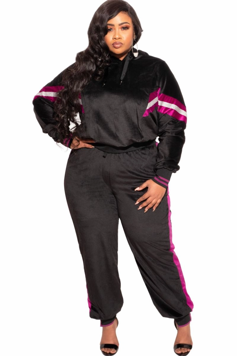 Final Sale Plus Size Long Sleeve Hooded Jogging Set in Black Seasonal Wear Urban appeal