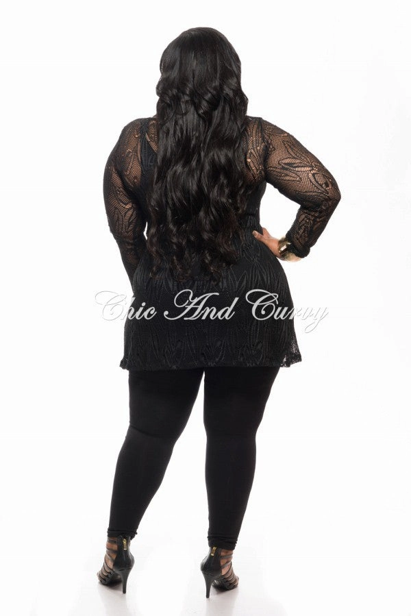 Final Sale Plus Size Long Sleeve Lace Netting Design Top in Black Seamless Wear Utility pocket