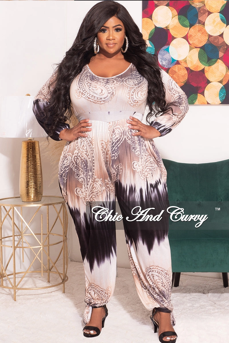Final Sale Plus Size Long Sleeve Lose Fit Jumpsuit in Brown and Tan Tie Dye Ventilated Mesh Lining Formal Look