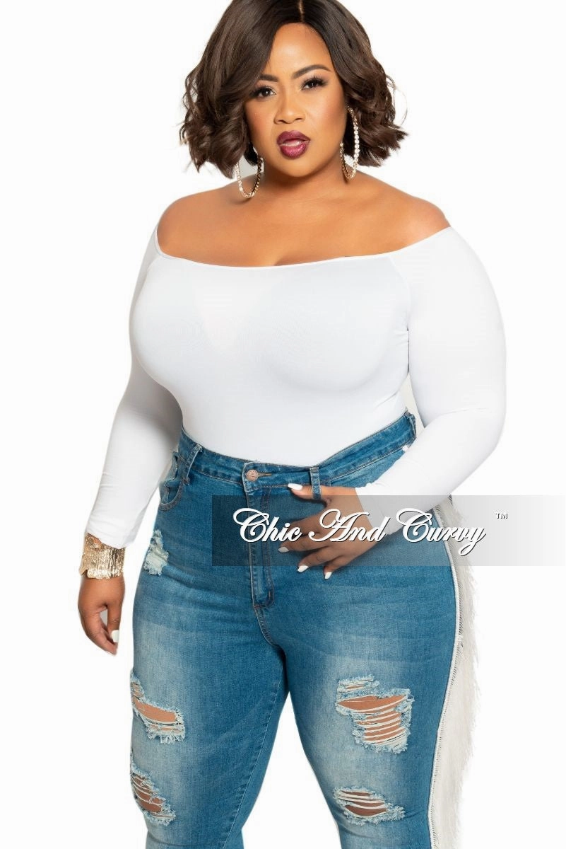 All Day Wear Final Sale Plus Size Long Sleeve Off the Shoulder Bodysuit in White