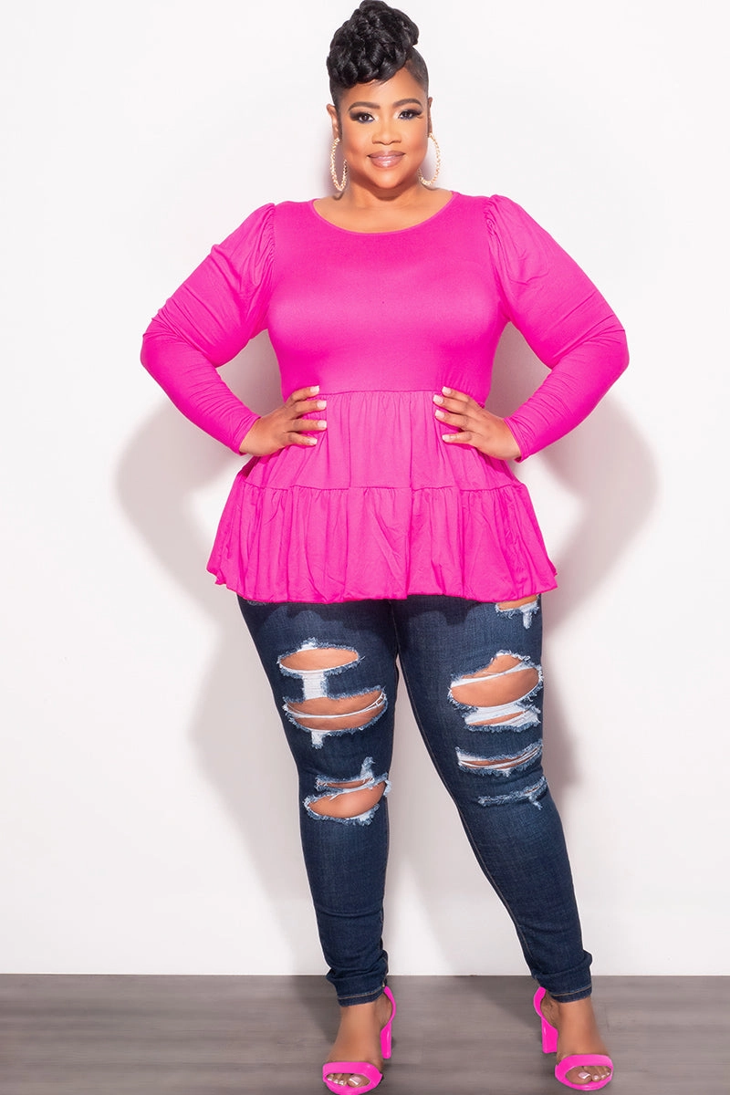 Final Sale Plus Size Long Sleeve Peplum Top In Hot Pink Low-rise style Quick Comfort Design