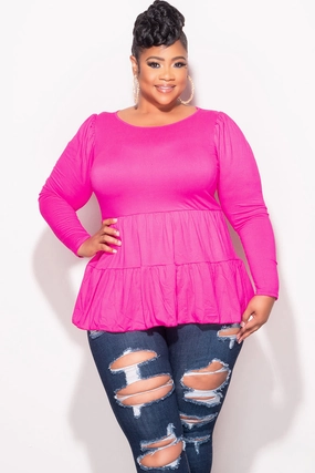 Classic Cut Simple Utility Final Sale Plus Size Long Sleeve Peplum Top In Hot Pink