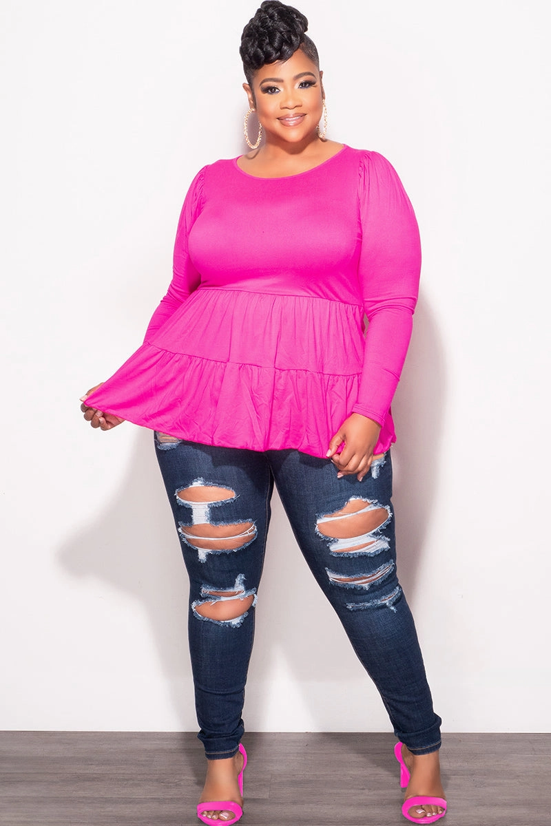 Final Sale Plus Size Long Sleeve Peplum Top In Hot Pink Mesh Panel
