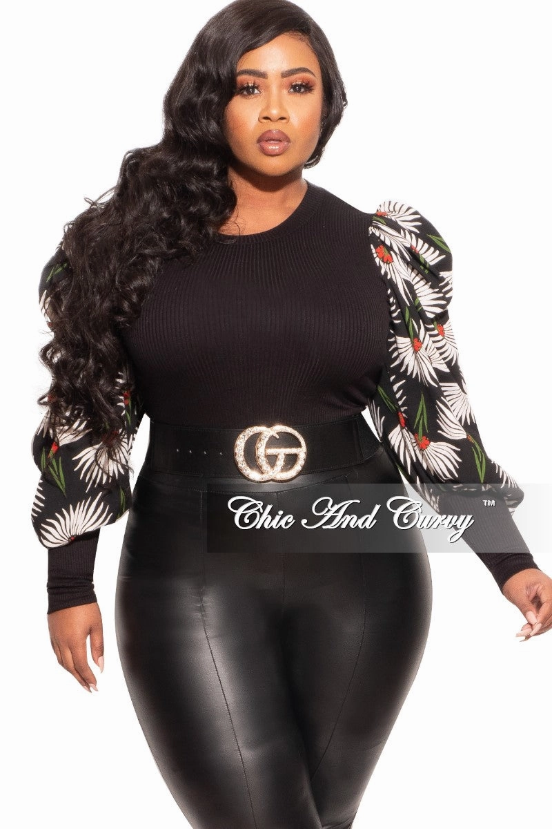 Seasonal Basic Final Sale Plus Size Long Sleeve Ribbed Top with Puffy Sleeves in Black Floral Print