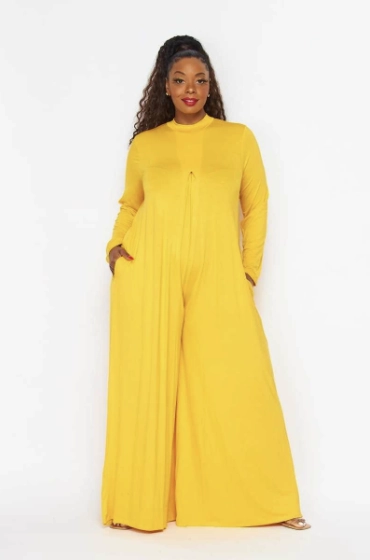 Final Sale Plus Size Long Sleeve Shiny Wide Leg Jumpsuit in Yellow AntiSlipWaistband Stylish Comfort
