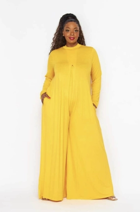 Final Sale Plus Size Long Sleeve Shiny Wide Leg Jumpsuit in Yellow AntiSlipWaistband Stylish Comfort