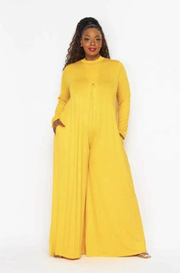 Final Sale Plus Size Long Sleeve Shiny Wide Leg Jumpsuit in Yellow Sport Ready Fit