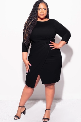Comfortable Cut DoubleLayeredKnees Final Sale Plus Size Long Sleeve Side Knot Wrap Midi Dress in Black