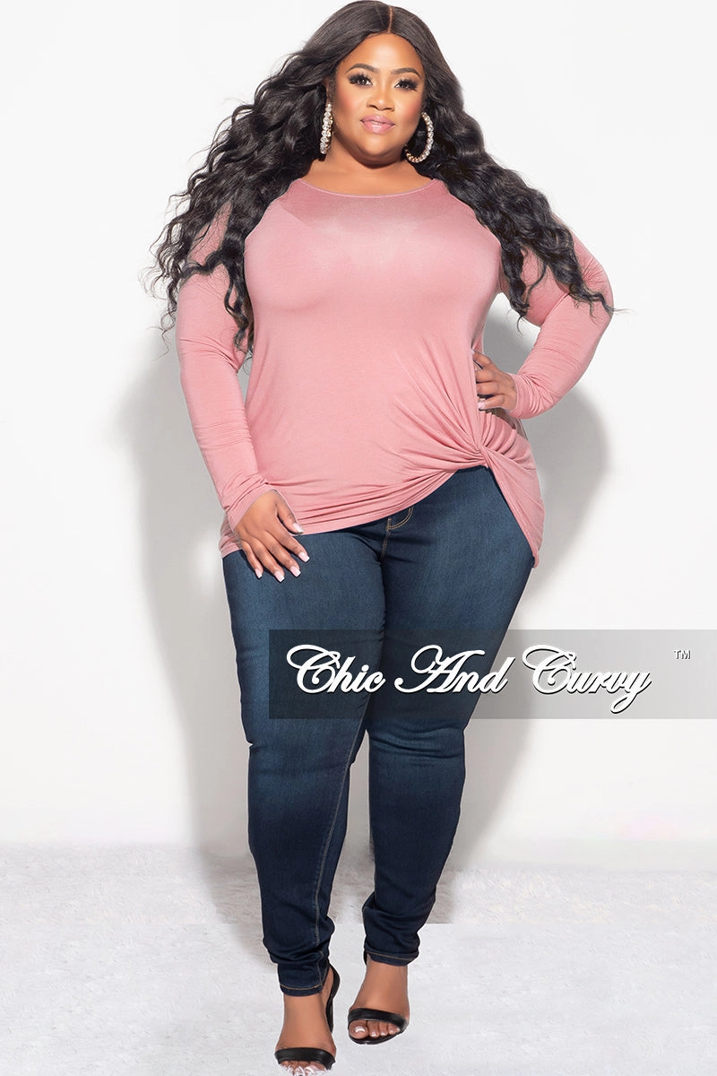 Neutral Shade Full Motion Final Sale Plus Size Long Sleeve Top with Knotted Front in Rose Pink