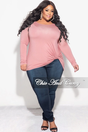 Final Sale Plus Size Long Sleeve Top with Knotted Front in Rose Pink Neutral Look