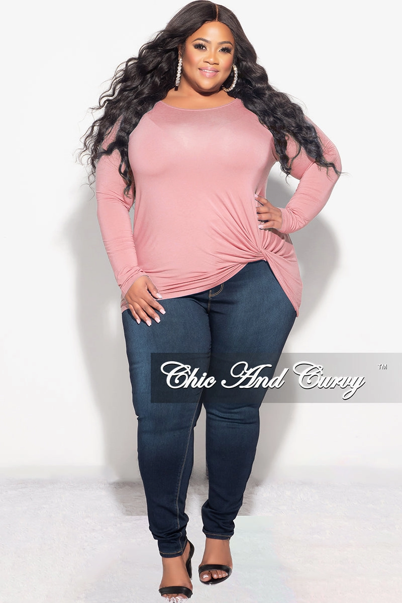 Final Sale Plus Size Long Sleeve Top with Knotted Front in Rose Pink Wind Resistance
