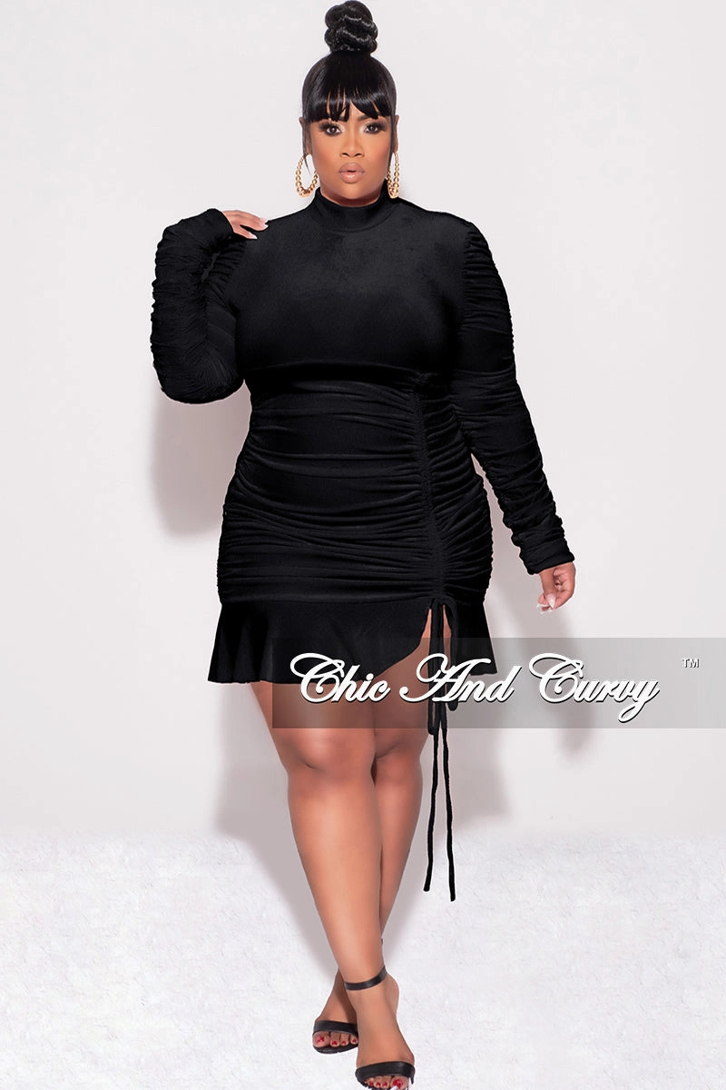 MultiPocketDesign Compression Fit Final Sale Plus Size Long Sleeve Velvet Ruched Bodycon Dress with Bottom Ruffle in Black