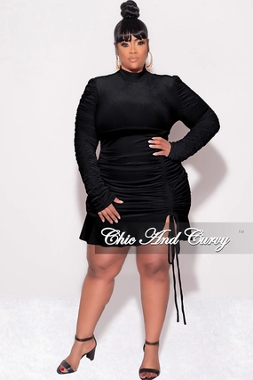 Minimal Waist Relaxed Fit Final Sale Plus Size Long Sleeve Velvet Ruched Bodycon Dress with Bottom Ruffle in Black