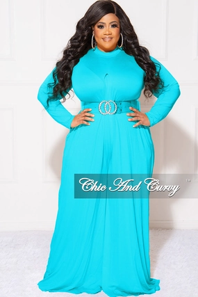 Organic Cotton Blend Reinforced Stress Points Final Sale Plus Size Long Sleeve Wide Leg Jumpsuit in Turquoise Blue
