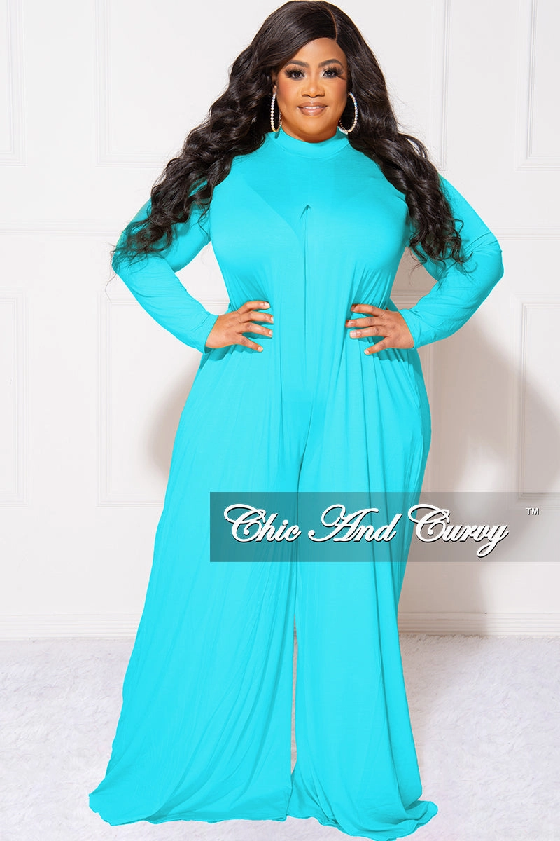 Quick Pack Soft Texture Final Sale Plus Size Long Sleeve Wide Leg Jumpsuit in Turquoise Blue
