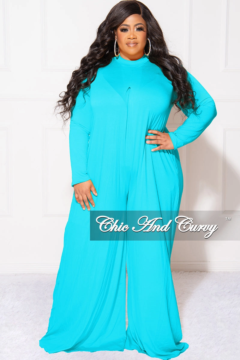 Final Sale Plus Size Long Sleeve Wide Leg Jumpsuit in Turquoise Blue Tangle Free Cuffs