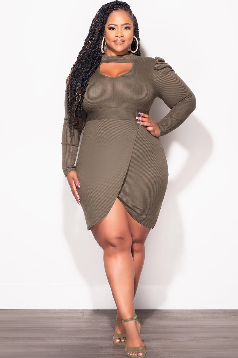 Relax Mode LightweightInsulation Final Sale Plus Size Long Sleeve Wrap BodyCon Dress with Bust Cutout in Olive (Dress only)